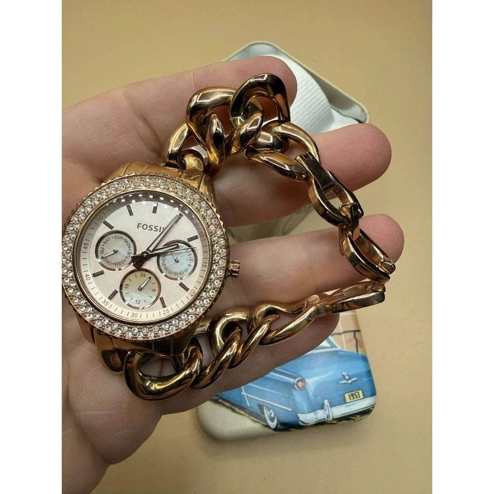 Fossil ES3500 Chain Link Wristwatch Womens Rose Gold Classic Timeless Watch